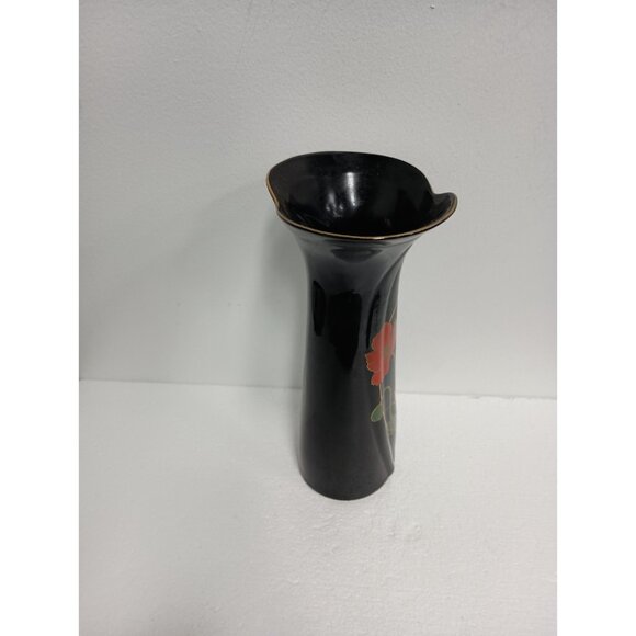 Vintage 70s Fine China Black Elegance Asian Vase With Red Poppy Flowers Japan - Picture 7 of 10